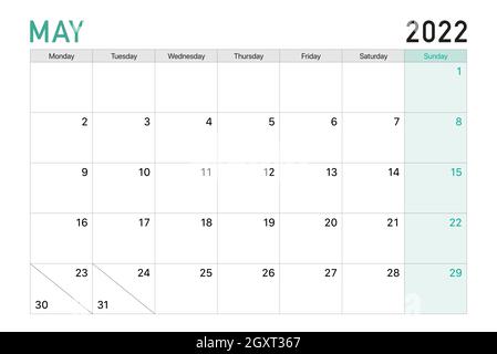 2022 May illustration vector desk calendar weeks start on Monday in light green and white theme Stock Vector