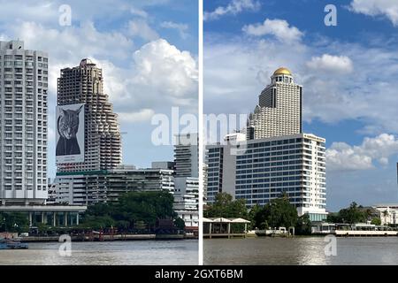 Bangkok, Thailand. 06th Oct, 2021. KOMBO - The Sathorn Unique Tower (l) on the Chao Phraya River (photo taken Sept. 12, 2021) and the Mandarin Oriental Hotel, as well as the State Tower with its gold dome behind it. The two towers were intended to be twin towers. The Sathorn Unique Tower is a ruined building, an unfinished 'ghost tower'. Many believe in a curse - because there are scary stories about the Lost Place. (to dpa 'Like a post-apocalyptic film set': The ghost tower of Bangkok') Credit: Carola Frentzen/dpa/Alamy Live News Stock Photo
