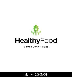 flat Healthy Food fork leaf vegetables Logo design Stock Vector