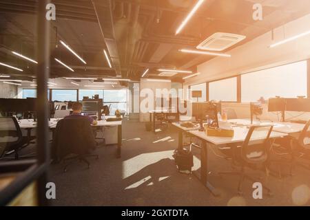 software developers working everyday job writing programming code at modern sunny bright open plan office Stock Photo