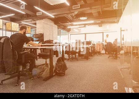 software developers working everyday job writing programming code at modern sunny bright open plan office Stock Photo