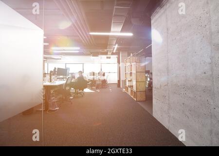 software developers working everyday job writing programming code at modern sunny bright open plan office Stock Photo
