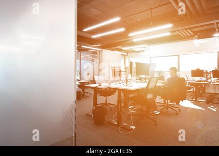 software developers working everyday job writing programming code at modern sunny bright open plan office Stock Photo