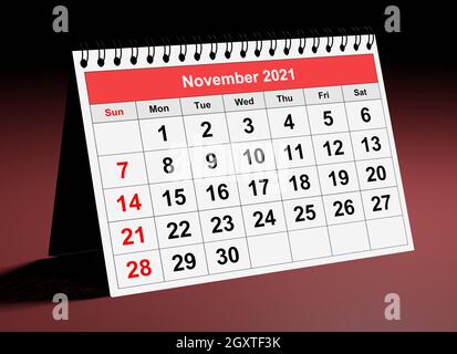One page of the annual business monthly calendar. Date - month November 2021. 3d rendering Stock Photo