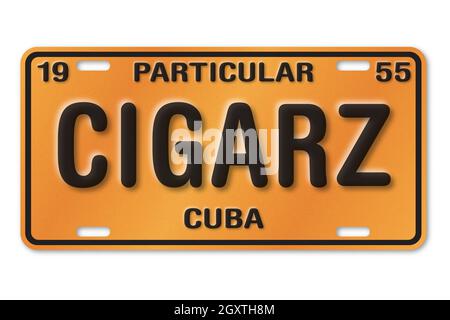 Illustration of orange and black Cuban license plate, 1955, 'Particular' means privately owned. Custom text says CIGARZ, a spelling of cigars. Stock Photo
