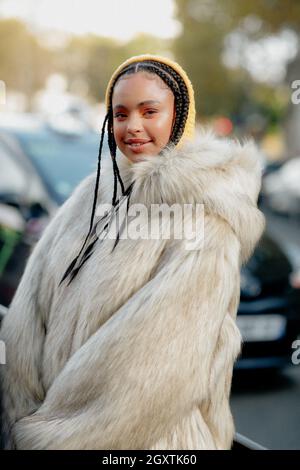 Paris, France, on October 5, 2021, Street style, Paola Locatelli arriving at Miu Miu Spring Summer 2022 show, held at Iena, Paris, France, on October 5, 2021. Photo by Marie-Paola Bertrand-Hillion/ABACAPRESS.COM Stock Photo