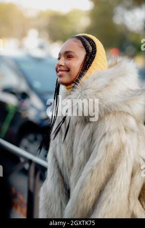 Paris, France, on October 5, 2021, Street style, Paola Locatelli arriving at Miu Miu Spring Summer 2022 show, held at Iena, Paris, France, on October 5, 2021. Photo by Marie-Paola Bertrand-Hillion/ABACAPRESS.COM Stock Photo