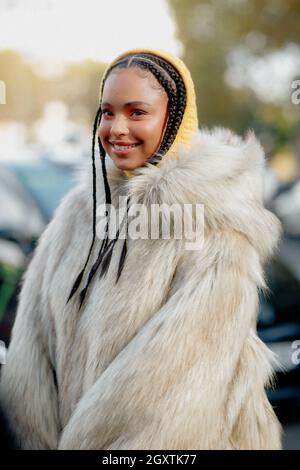 Paris, France, on October 5, 2021, Street style, Paola Locatelli arriving at Miu Miu Spring Summer 2022 show, held at Iena, Paris, France, on October 5, 2021. Photo by Marie-Paola Bertrand-Hillion/ABACAPRESS.COM Stock Photo