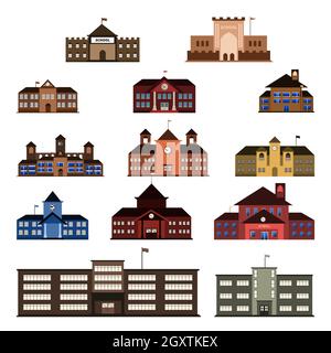 Elementary High School Building Vector Icon Illustration Set Isolated Stock Vector