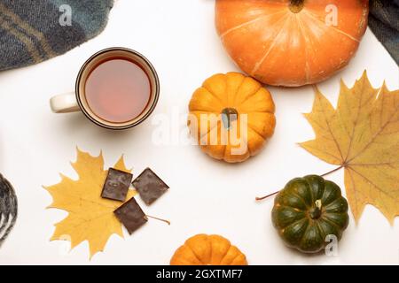 Top view of table with fallen colorful leaves, pumpkins, warm clothes and chocolate slices. Concept of autumn season Stock Photo