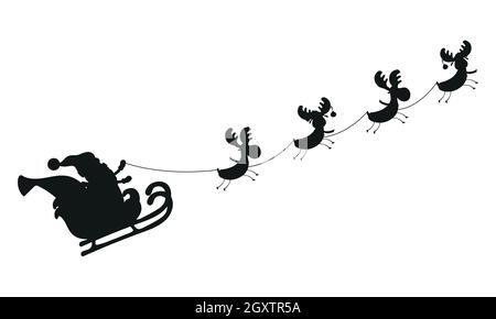 Santa on Sleigh and His Reindeers Isolated on White Background. Vector Stock Vector