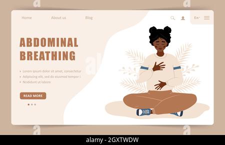 Diaphragmatic breathing. Landing page template. African girl practicing abdominal breathing for relaxation. Meditation for body, mind and emotions Stock Vector