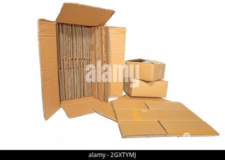 Several cardboard boxes of different sizes isolated on white Stock Photo