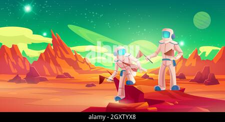 Spacemen with flags walking on Mars surface. Vector cartoon illustration of alien planet landscape with red ground and mountains, stars in sky and astronauts in spacesuits Stock Vector