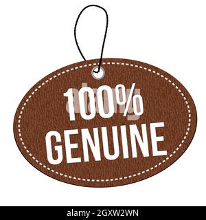 100% genuine brown leather label or price tag on white background, vector illustration Stock Vector