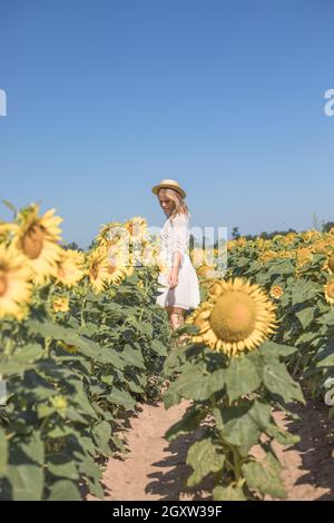 Cheerful positive young woman posing on camera among field of sunflowers. Happy girl  in straw hat during summertime. Harvest period Stock Photo