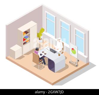 Arab muslim businessman working at office, vector isometric illustration. Office situation, workplace. Stock Vector