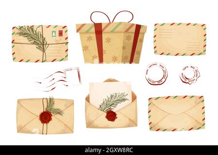 Premium Vector  Christmas retro letter envelope with stamp seal in cartoon  style