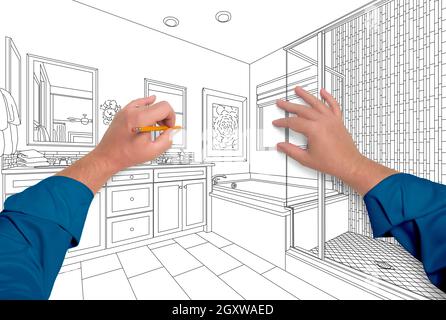 Male Hands Sketching Beautiful Custom Bathroom. Stock Photo