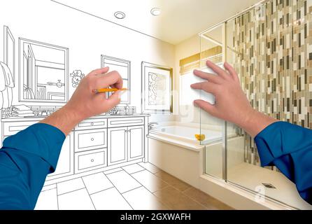 Male Hands Sketching Beautiful Custom Bathroom Gradating to Finished Construction. Stock Photo
