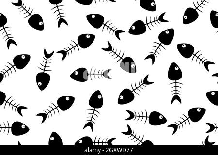 Fishbone seamless pattern isolated on white background. Repeat fish skeleton doodle print. Fish bone black silhouette simple design. Cat food. Swims u Stock Vector