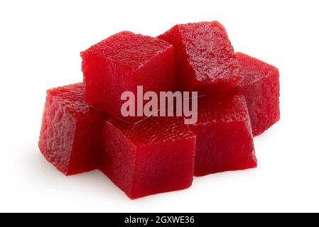 Pile of cooked chopped beetroot isolated on white. Stock Photo