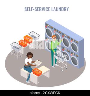 People using laundromat for washing and drying their clothes, flat vector isometric illustration. Self service laundry. Stock Vector