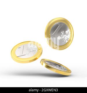 falling one euro coin on white background. 3d render Stock Photo