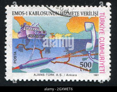 TURKEY- CIRCA 1991: stamp printed by Turkey, shows Eastern Mediterranean Fiber Optic cable system, circa 1991 Stock Photo