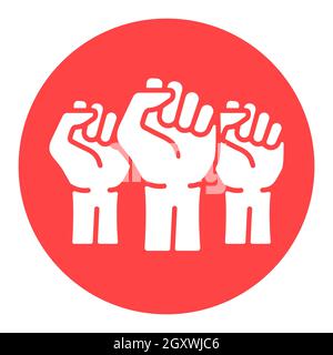 Three clenched fists raised in protest vector white glyph icon. Protest, strength, freedom, revolution, rebel, revolt concept Stock Photo