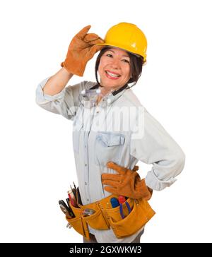 Hispanic Female Contractor Wearing Goggles, Hard Hat and Goggles Isolated on White Background. Stock Photo