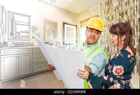 Hispanic Male Contractor Talking with Female Client Over Blueprint Plans In Front of Bathroom Drawing Gradating to Photo. Stock Photo