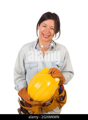 Hispanic Female Contractor Wearing Goggles, Hard Hat and Goggles Isolated on White Background. Stock Photo