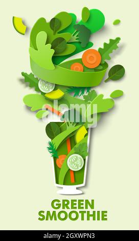 Glass of delicious green vegetable smoothie, vector paper cut illustration. Healthy drink. Food rich in vitamins. Stock Vector
