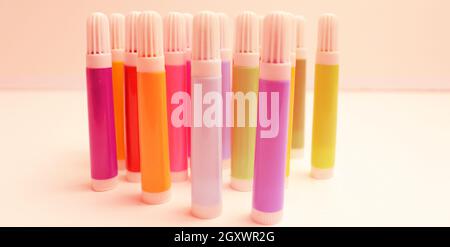 Beautiful school background with felt-tip on white. Marker for painting Stock Photo