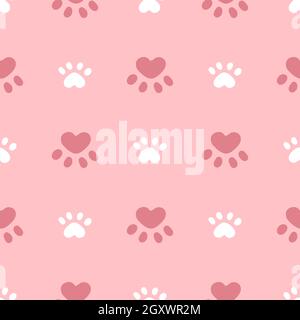 Pink and white cat or dog seamless pattern. Meow and cat paws background vector illustration. Cute cartoon pastel character for nursery girl baby print. Stock Vector