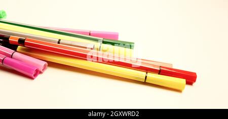 Beautiful school background with felt-tip on white. Marker for painting Stock Photo