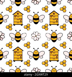 Cute honey bee seamless pattern. Vector doodle cartoon beehive, flowers and honeycombs illustration digital paper isolated on white background perfect for kids fabric prints Stock Vector