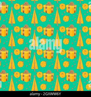 New Year and Christmas seamless pattern with gift box and Christmas tree Stock Vector