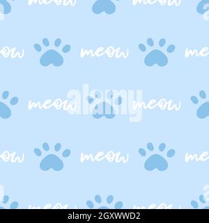 Blue and white cat seamless pattern. Meow and cat paws background vector illustration. Cute cartoon pastel character for nursery boy baby print. Stock Vector