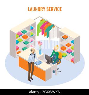 Laundry reception interior with receptionist and customer characters, vector isometric illustration. Laundry service. Stock Vector