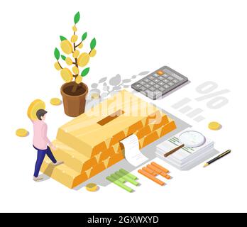 Businessman investing in gold bars, vector isometric illustration. Financial investment concept. Stock Vector