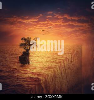 Surreal ocean view and a small island with a palm tree at the edge of the world. Adventure and journey, fantasy vacation concept. Summer holiday at th Stock Photo