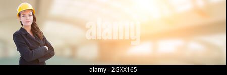 Banner With Female Contractor In Hard Hat. Stock Photo