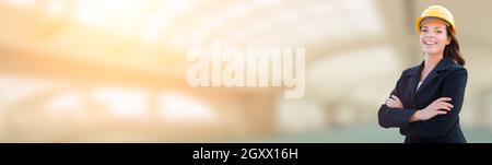 Banner With Smiling Female Contractor In Hard Hat. Stock Photo