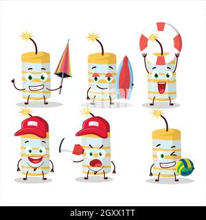 Happy Face yellow firecracker cartoon character playing on a beach. Vector illustration Stock Vector