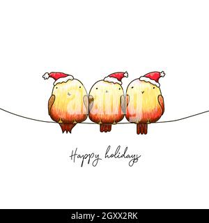 Watercolor Christmas card with red billfinchs. Hand painted winter robin birds isolated on white background. Holiday symbol for design. Stock Vector