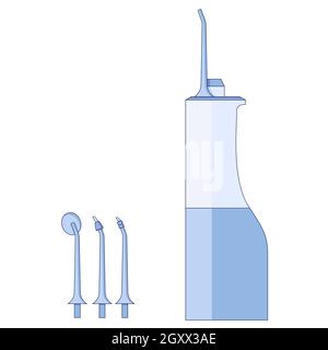 Oral water irrigator with nozzles, mouth hygiene and dental care icon set in a flat style isolated on a white background. Stock Vector