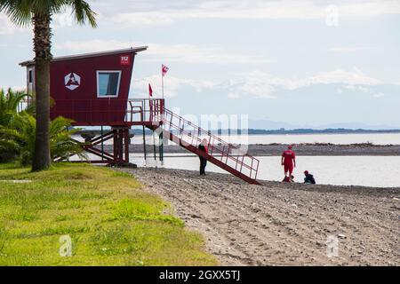 Anaklia, Georgia -September 28, 2021: Emergency service on the beach, building and people Stock Photo