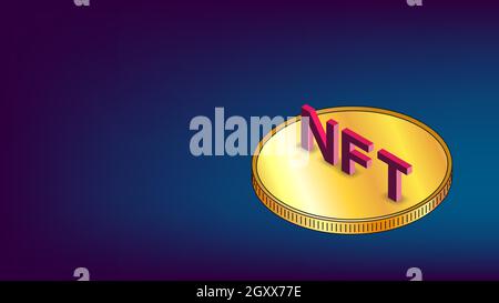 NFT non fungible tokens infographics with gold isometric coin on blue background and copy space. Pay for unique collectibles in games or art. Vector i Stock Vector